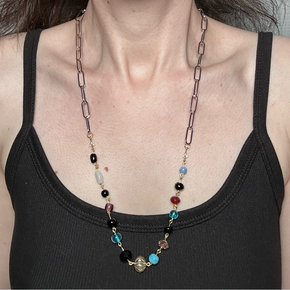 Multicolor Beaded Necklace glass beads handmade gold and silver handmade